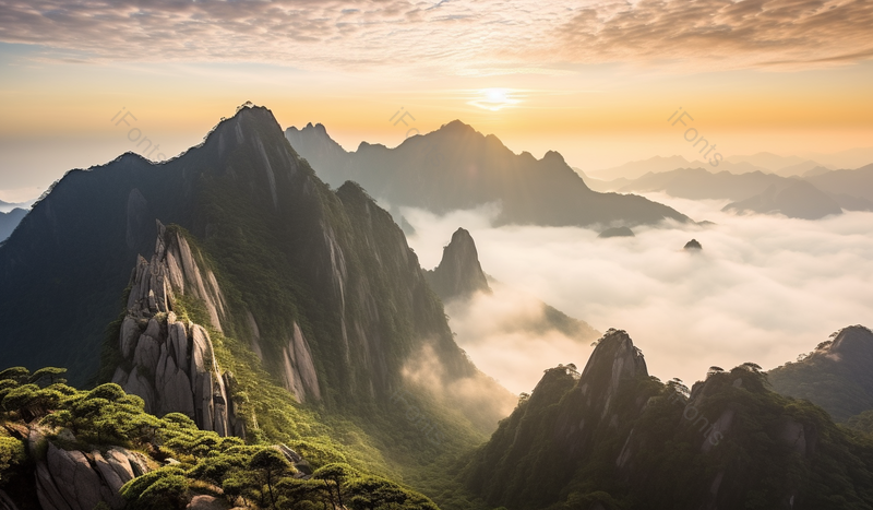 天空远山云雾黄山日出风光,高清,摄影图,摄影图片,图片大全,摄影图免费下载